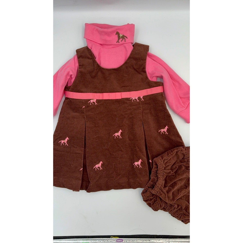 Hartstrings 12M Embroidered Horse Dress 3 Pc Set Pink Brown Baby Girl Outfit - Picture 2 of 16